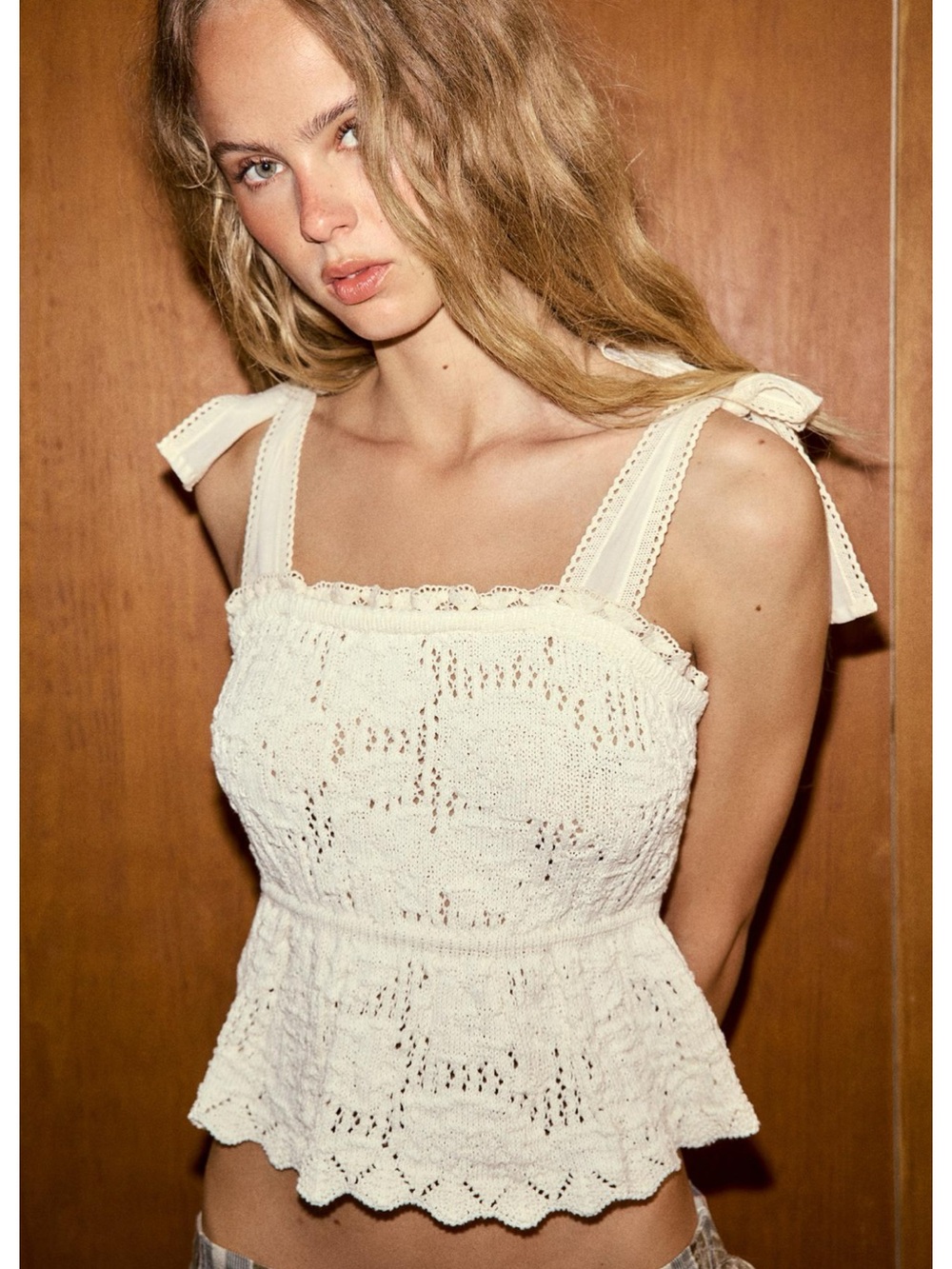 Zara Cream Crochet Peplum Tie-Shoulder Tank